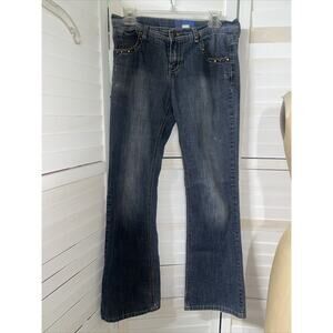 Rustic Jeans Blue Denim Low Rise Boot Flare Jeans Embroidered Bling Pockets Med